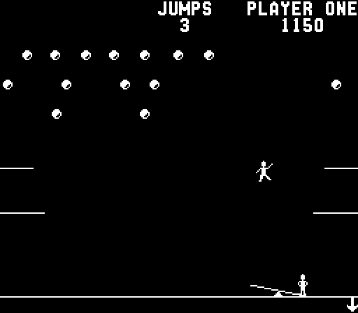 clowns_win.exe, the C port: a clown in the air over the seesaw, balloons popped